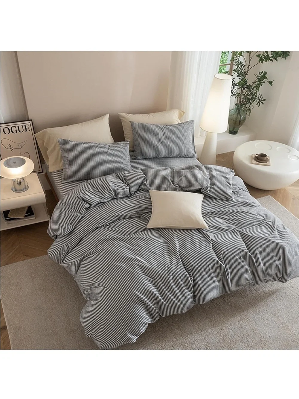 NEW Queen 100% Washed Cotton Duvet Cover Set, 3-Piece, Linen-Like Pinstripe